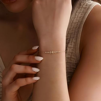 18K Gold Plated Star and Moon Bracelet for Women, Dainty Cubic Zirconia Celestial Adjustable Bracelet, Minimalist Everyday Jewelry Gift for Her