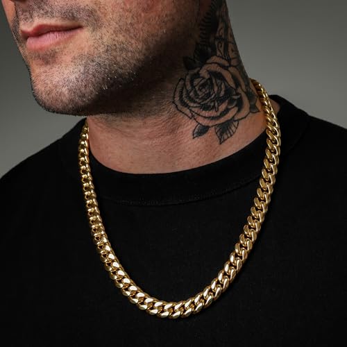 CG&KYGG 12MM 14K Gold Plated Cuban Link Bracelet for Men, Chunky 316L Stainless Steel Chain Necklace for Women, Gift for Birthday & Holiday(Delicate Package, Double Safety Clasp with 14K Stamp) - style: 12mm 14k gold necklace