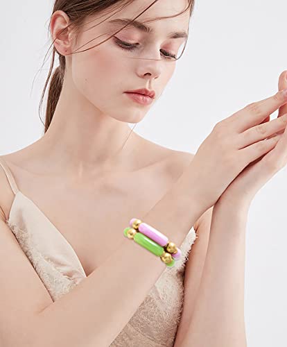 LALAPPLE Gold Plated Beaded Acrylic Bamboo Tube Bangle Bracelets for Women, Colorful Chunky Curved Tube With Gold Plated Pieces Beads Stretch Bracelet Friendship Summer Beach Jewelry - color: T-Light Green&Light Purple 2pcs