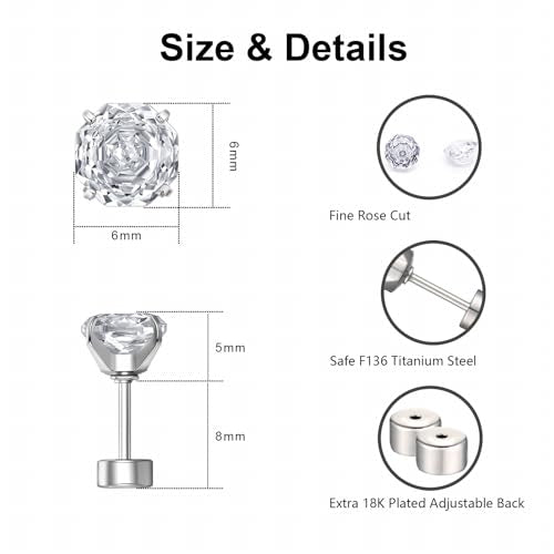 Zircon Flat Back Screw Hypoallergenic Surgical Steel Stud Earrings - color: Rosy Pink, size: 1ct - 0.24 Inch (6mm)