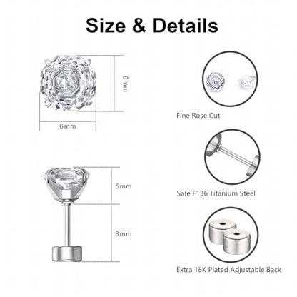 Zircon Flat Back Screw Hypoallergenic Surgical Steel Stud Earrings - color: Rosy Pink, size: 1ct - 0.24 Inch (6mm)