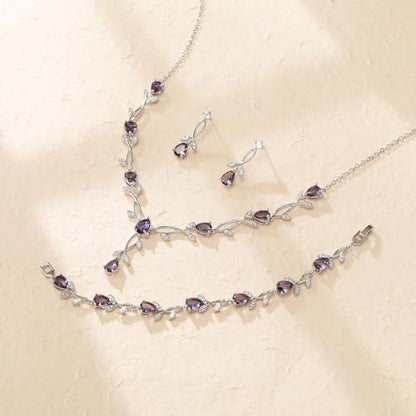 Crysdue Wedding Jewelry Set for Brides Bridesmaid, Cubic Zirconia Teardrop Marquise Leaf Cluster Pendant Necklace Bridal Tennis Bracelet Drop Earrings for Women Party Prom - style: A- CZ set-purple, silver