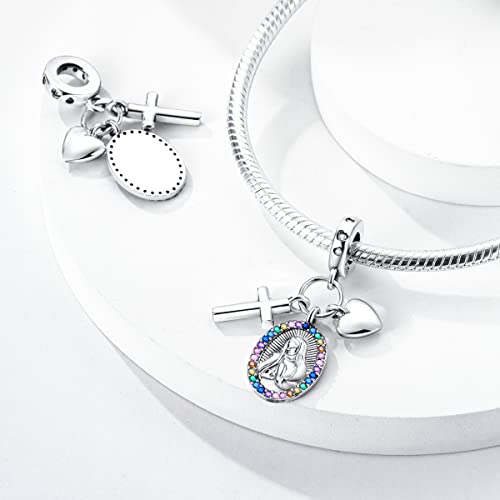 Hapour 925 Sterling Silver Charm for Bracelet Necklace Women Pendant Beads | Virgin Mary Charm, Religious Cross Heart Dragon European Jewelry Mom Charm - color: The Virgin Mary and Cross