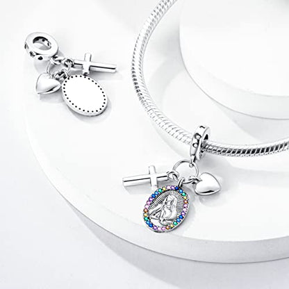Hapour 925 Sterling Silver Charm for Bracelet Necklace Women Pendant Beads | Virgin Mary Charm, Religious Cross Heart Dragon European Jewelry Mom Charm - color: The Virgin Mary and Cross