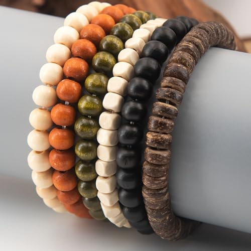 5 Pieces, Womens ans Mens Wooden Bead Bracelets Set, Multi-Color Wood Beads, Bohemian Style Stretch Bracelets
