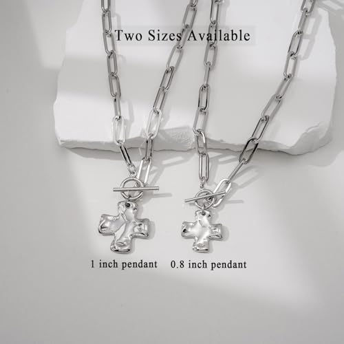 Bheop Chunky Cross Necklace for Women, 14K Gold Silver Statement Necklace | Sturdy Paperclip Chain, Hammered Pendant, Vintage Charm, Trendy Costume Jewelry, Faith Christian Religious Gift, Non Tarnish - style: SL-Toggle Necklace（1 inch Pendant）