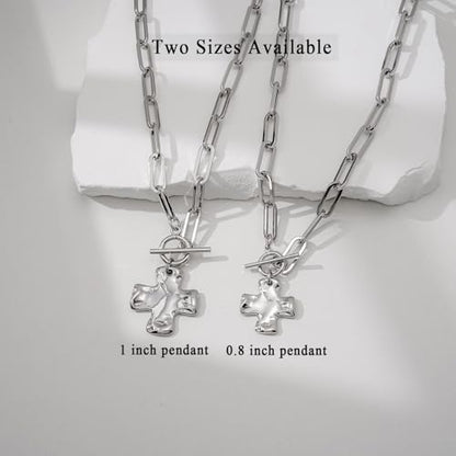 Bheop Chunky Cross Necklace for Women, 14K Gold Silver Statement Necklace | Sturdy Paperclip Chain, Hammered Pendant, Vintage Charm, Trendy Costume Jewelry, Faith Christian Religious Gift, Non Tarnish - style: SL-Toggle Necklace（1 inch Pendant）