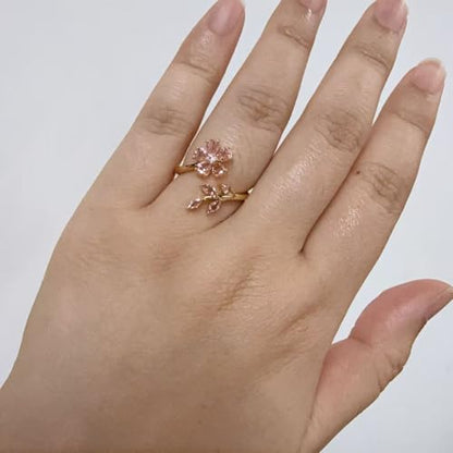 Kokoma Delicate Flower Leaf Wrap Finger Ring for Women Pink Cubic Zirconia Crystal Floral Statement Ring Promise Engagement Rings Adjustable Open Band - color: Pink