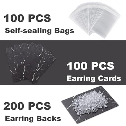 Earring Cards, Set Jewelry Making Supplies with 100 Pcs Earring Holder Cards 200 Pcs Earring Backs and 100 Jewelry Packaging for Earrings Necklace Jewelry Display, Bags 3.5x2.4 Inches (Marble Black) - color: Black Marble Pattern
