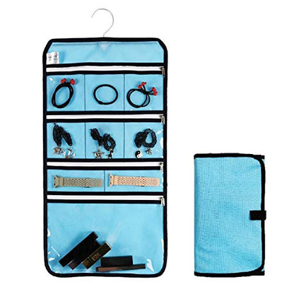 Travel Foldable Jewelry Rolls Bag Hanging Jewelry Organizer with 9 Zippered Clear Pockets Storage Pouch with Rotatable Hanger (BLUE) - color: BLUE