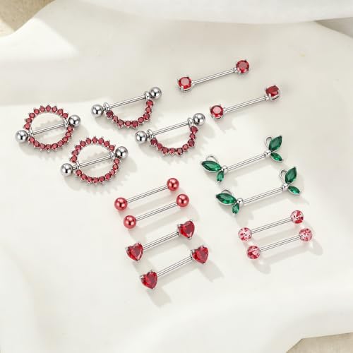 G&O JFU 7 Pairs 14G Nipple Rings Set – Stainless Steel Straight Barbell with CZ Stones, Gold Plated & Silver Tone, Butterfly Back Pink Nipple Piercing Jewelry for Women - color: Silver Red Nipple Piercing Jewelry