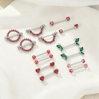 G&O JFU 7 Pairs 14G Nipple Rings Set – Stainless Steel Straight Barbell with CZ Stones, Gold Plated & Silver Tone, Butterfly Back Pink Nipple Piercing Jewelry for Women - color: Silver Red Nipple Piercing Jewelry