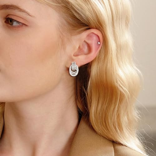14K Gold-plated Clip On Earrings for Women Knot Link Trendy Small Dainty Non Pierced Earring Hoops Drop Dangle Earrings Lightweight Jewelry - color: A-Silver