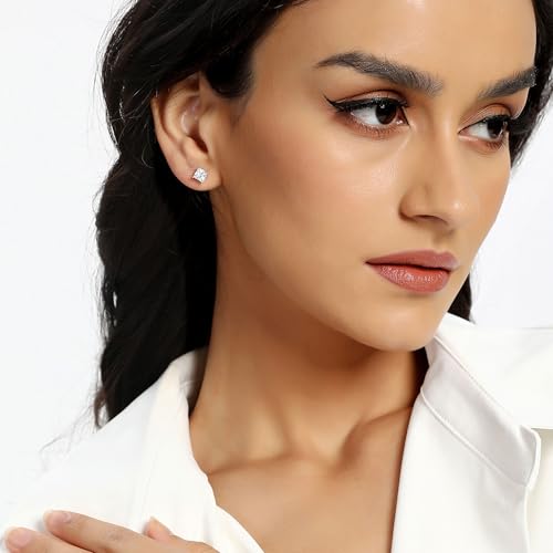 White Gold Earrings for Women Men Hoop and Stud Earring Set | Hypoallergenic 14K White Gold Plated Hoops Huggie Stud Earrings Set Round Cubic Zirconia Ear Jewelry - style: A2-White Gold-Hoop&Square Stud (5 Pairs)