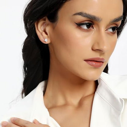 White Gold Earrings for Women Men Hoop and Stud Earring Set | Hypoallergenic 14K White Gold Plated Hoops Huggie Stud Earrings Set Round Cubic Zirconia Ear Jewelry - style: A2-White Gold-Hoop&Square Stud (5 Pairs)