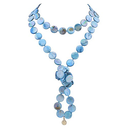 Firstmeet Flat Round Coin Shell Beads Long Knotted Necklace Natural Mother of Pearl Handmade Jewelry For Women - color: Blue AB