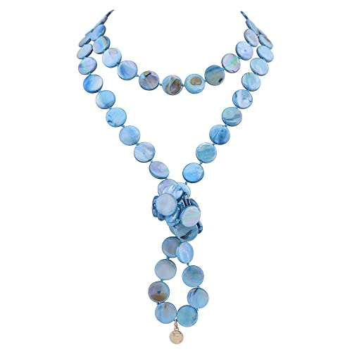 Firstmeet Flat Round Coin Shell Beads Long Knotted Necklace Natural Mother of Pearl Handmade Jewelry For Women - color: Blue AB