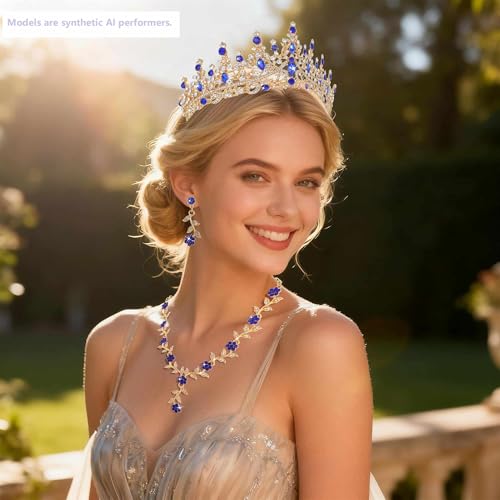 Kamirola Tiaras and Crowns for Women,Tiaras Earrings Necklace, Crystal Bridal Jewelry Set (TR48) - color: Gold Blue