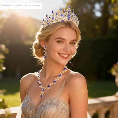 Kamirola Tiaras and Crowns for Women,Tiaras Earrings Necklace, Crystal Bridal Jewelry Set (TR48) - color: Gold Blue