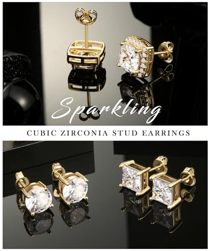 Zankulas Cubic Zirconia Stud Earrings for Women Mens Earrings Hypoallergenic Square CZ Studs Set - color: Gold