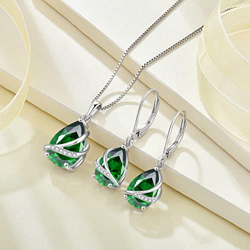 Birthstone Pendant Necklace 925 Sterling Silver Teardrop Jewelry for Women - color: Emerald Green