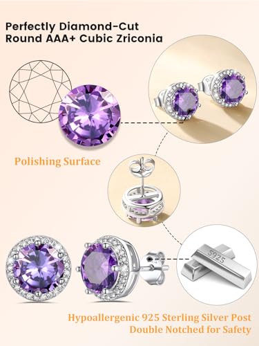 Bestyle Authentic 925 Sterling Silver 2 Carat Birthstone Earrings for Women, More Sparkle Heart/Round Solitaire Diamond Studs Earrings, Great Birthday/Christmas/Anniversary Jewelry for Wife Mother - color: 06. June Alexandrite-Round