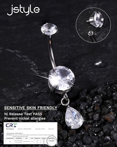 Jstyle G23 Titanium Belly Button Rings for Women 14G Internal Threaded | 14G Dangling Navel Ring, Hypoallergenic Belly Button Bar with Spacking AAAAA+ Cubic Zirconia, 10mm Bar Length Belly Piercing - color: Silver Plated: Teardrop