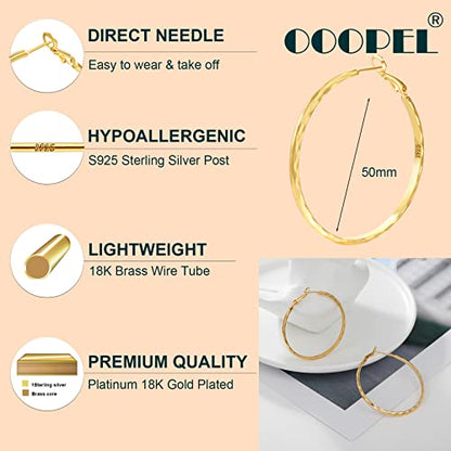 Sterling Silver Hoop Earrings - Diamond-Cut Circle Hoops, Hypoallergenic, 3mm Thin, Oversize 20/30/40/50/60mm - color: Gold,50mm