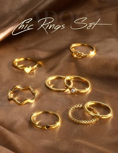 YADOCA 8pcs 2MM Stainless Steel Rings for Women Men 14K Gold Plated Stacking Rings Fashion Simple Plain Knuckle Stacking Midi Thumb Dainty Thin Heart Knot Stackable Statement Band Rings Set Size 5-11 - color: Gold