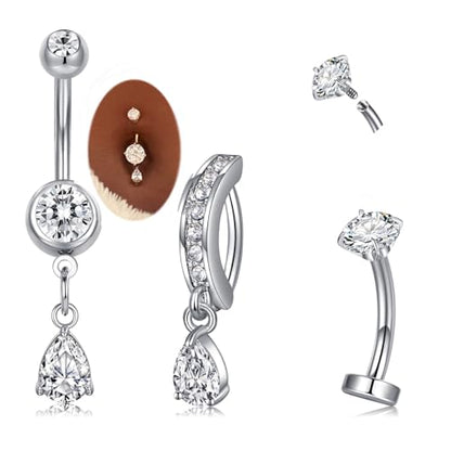 MODRSA Dangle Belly Button Ring Dangling Silver Gold Dangly Belly Piercing Jewelry Hypoallergenic Surgical Steel Butterfly Flower Navel Rings for Women Clicker Navel Piercings Pink - color: A1-3styles -silver