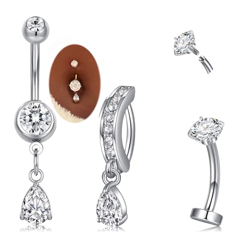 MODRSA Dangle Belly Button Ring Dangling Silver Gold Dangly Belly Piercing Jewelry Hypoallergenic Surgical Steel Butterfly Flower Navel Rings for Women Clicker Navel Piercings Pink - color: A1-3styles -silver