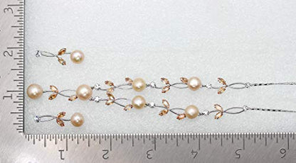 Faship Genuine Freshwater Pearls Floral Necklace Earrings Set | Premium CZ Crystal, Gorgeous, Sparkling - color: Brown