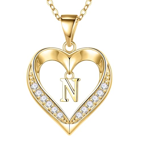 Turandoss Heart Initial Necklaces for Women - Dainty 14K Gold Plated CZ Heart Pendant Necklace with Tiny Letter A-Z, Non Tarnish Waterproof Trendy Jewelry Gifts for Mom Wife Girlfriend - color: Gold, style: N