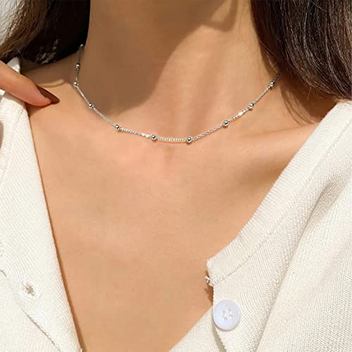FOCALOOK Choker Necklace for Women, Double Layered Boho Beaded Choker Chain | Dainty 14K Gold Plated/Silver/Black Metal, Simple Small Satellite Beaded Chain Necklace, Hypoallergenic for Everyday Wear - color: 02.Satellite Beads-Silver