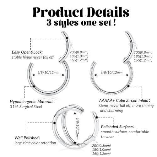 FUNLMO 3Pcs Nose Rings Double Hoop Nose Ring Conch Daith Tragus Helix Rook Piercing Jewelry Surgical Steel Cartilage Earring Conch Hoop Earring Septum Jewelry Lip Ring - color: Style 1: Silver