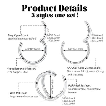 FUNLMO 3Pcs Nose Rings Double Hoop Nose Ring Conch Daith Tragus Helix Rook Piercing Jewelry Surgical Steel Cartilage Earring Conch Hoop Earring Septum Jewelry Lip Ring - color: Style 1: Silver