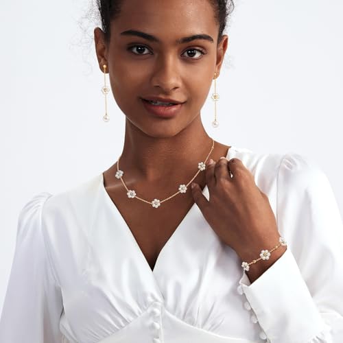Zeffy Gold Pearl Necklace for Women, Dainty 14K Gold/Silve Plated Layered Pearl Choker Pearl Earrings Pearl Bracelets Wedding Trendy Gold Jewelry Set for Women Gifts - style: Gold Daisy Pearl Necklace&Drop Earrings&Bracelet-3PCS