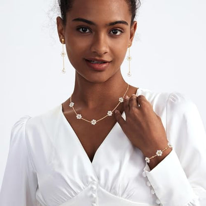 Zeffy Gold Pearl Necklace for Women, Dainty 14K Gold/Silve Plated Layered Pearl Choker Pearl Earrings Pearl Bracelets Wedding Trendy Gold Jewelry Set for Women Gifts - style: Gold Daisy Pearl Necklace&Drop Earrings&Bracelet-3PCS