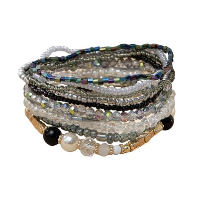 Handmade Stackable Rice Seed Beaded Ball Bracelets set for women, Romantic Boho Trendy Acrylic Glass Stretch Accessories Multi Layer Jewelry, Daily Wear Party Holiday Friendship Gift - color: Black