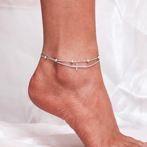 CHIC & ARTSY 925 Sterling Silver Ankle Bracelets for Women, Adjustable Layered Foot Chains with Nature & Symbol Charms, Lightweight Comfort Fit Boho Beach Everyday Jewelry - color: Cross/silver