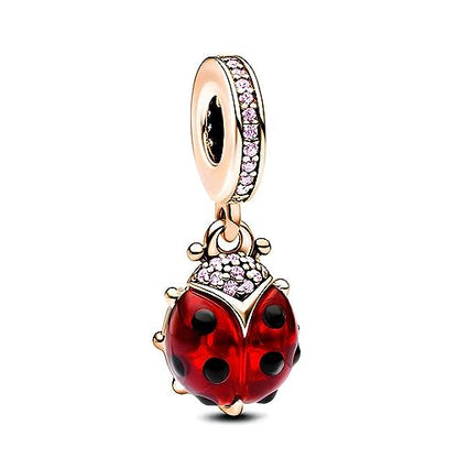 S925 Bead Pendant Charms for Bracelets Necklaces, Compatible with Pandora, Jewelry Making DIY - style: Ladybug Charm Red and 14K Rose Gold