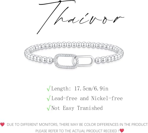 Beaded Bracelets for Women 14K Silver Gold Plated Stretch Handmade Ball Bracelets Cute Charm Bracelet Dainty Stackable Cross Heart Bow Wave CZ Circle Trendy Jewelry Easter Gifts - color: zirconia-square-silver
