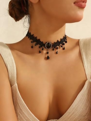 Lace Choker Necklace for Women Tassel Pendant Choker Necklaces Elegant Boho Collar Necklaces Statement Artistic Chain Necklace with Pearl Halloween Party Cosplay Costume Jewelry - color: Black Beads-2
