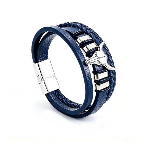 Black Multi Layer Western Leather Bracelet for Men Vintage Cowboy Braided Rope Wristband Adjustable Stainless Steel Clasp Daily Fashion Jewelry - color: Blue