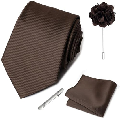 joy alice 30 Colors Solid Ties for Man Pure Color Men's Tie Set with Lapel Pin Pocket Square Tie Clip - color: Brown