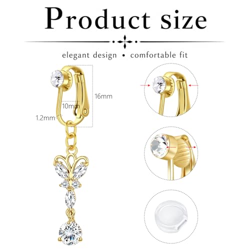 Zolure Gold/Silver Fake Belly Ring 3PCS Clip on Belly Button Rings Surgical Steel Non Piercing Navel Ring Devil Butterfly Clear CZ Dangle Fake Belly Piercing Jewelry with Pain Reducing Silicone Pad - color: gold