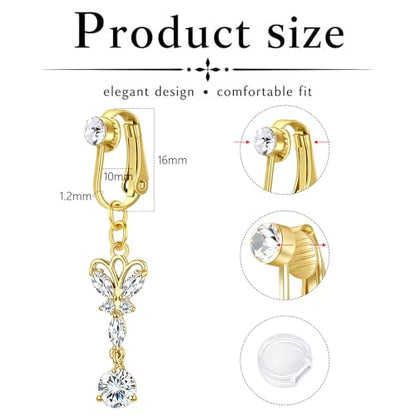 Zolure Gold/Silver Fake Belly Ring 3PCS Clip on Belly Button Rings Surgical Steel Non Piercing Navel Ring Devil Butterfly Clear CZ Dangle Fake Belly Piercing Jewelry with Pain Reducing Silicone Pad - color: gold