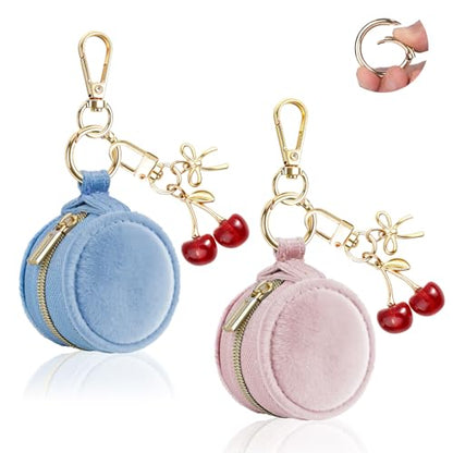 Jewelry Ring Holder Keychain, 2 Pack Velvet Jewelry Holder Storage Box with Buckle, Portable Small Travel Ring Keeper Case for Rings, Earrings, Stud, Necklaces (Pink+Light Blue) - color: 2 Pack-Pink+Light Blue