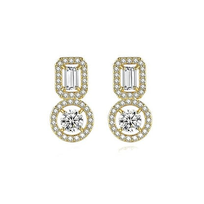 Gold Plated Geometric Style Sparkly Dainty Rectangle Teardrop Shaped AAAAA Australia Crystal with Cubic Zirconia Y Necklace Fashion Jewelry for Women & Teen Girls - color: Rectangle Round Earring GD