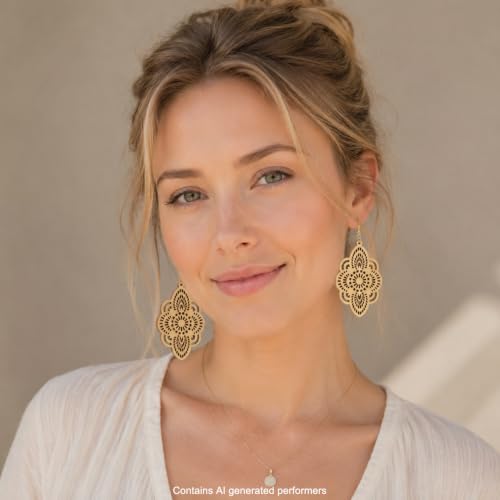 Boho Black Filigree Dangle Earrings for Women, Lightweight Hollow Lace Drop, Wood, 3.34" x 1.69", Bohemian Jewelry - color: Beige